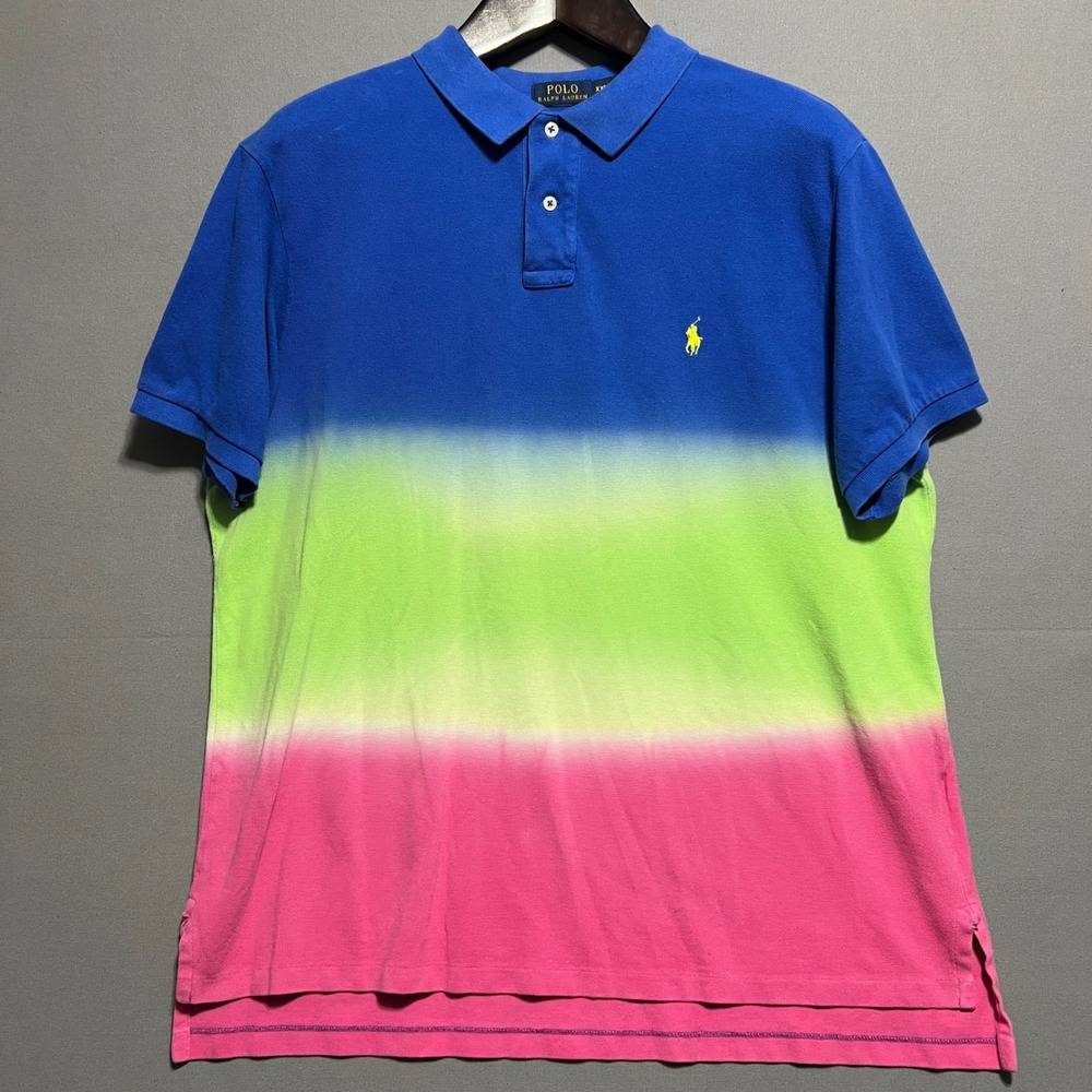 Polo Ralph Lauren Men XXL Custom Fit Ombre Dip Dye Polo Shirt Blue Green Pink